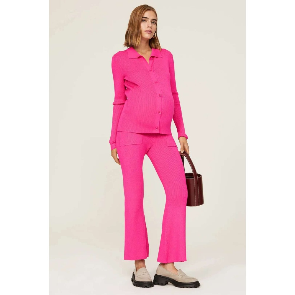 Emilia George Pink Ribbed Knit Flare Maternity Pants Small Front Pockets